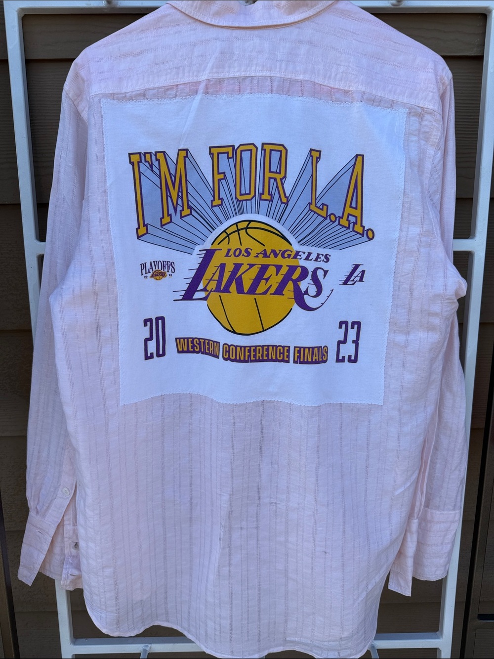 LAKERS Game Tee custom designed onto MondiSoft Light Pink Linen Button-Up Shirt